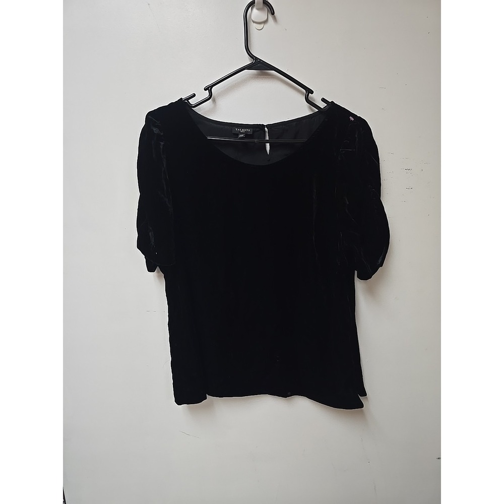 Nwt Talbots Petite XL PXL Black Velvet Top Blouse Short Puff Sleeve Party